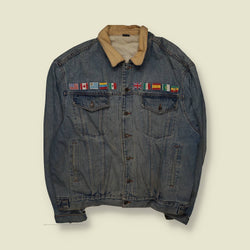 1980s | Custom Denim Jacket | “One World” Embroidered | Blue – XXXXL