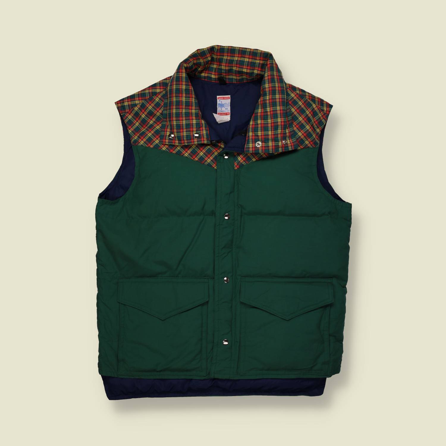 1980s Green Quilted Puffer Vest with Plaid Yoke - M