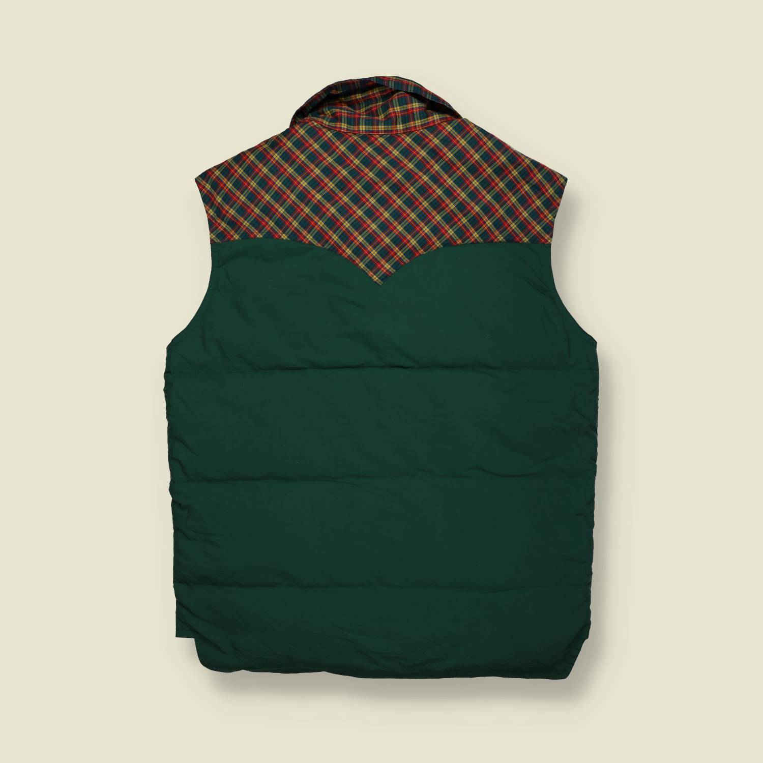 1980s Green Quilted Puffer Vest with Plaid Yoke - M