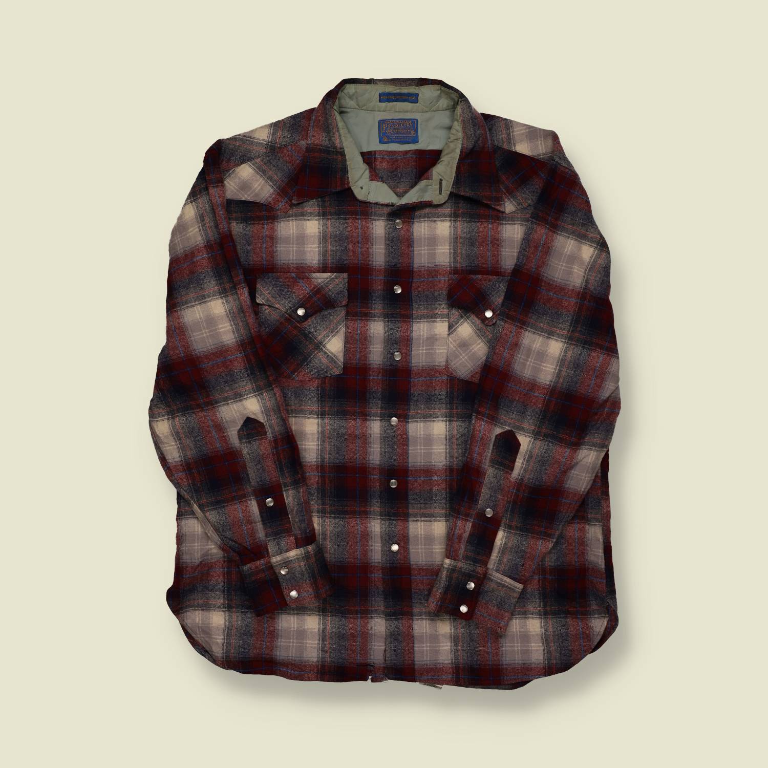 1970s Pendleton Western Wool Shirt (Grey & Burgundy Plaid) - L