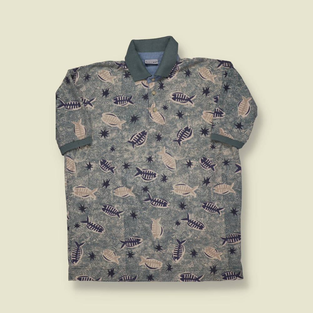 Early 1990s Image Boy Fish Print Polo Shirt - M