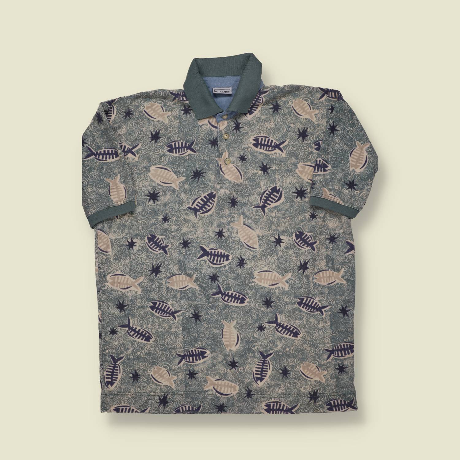Early 1990s Image Boy Fish Print Polo Shirt - M