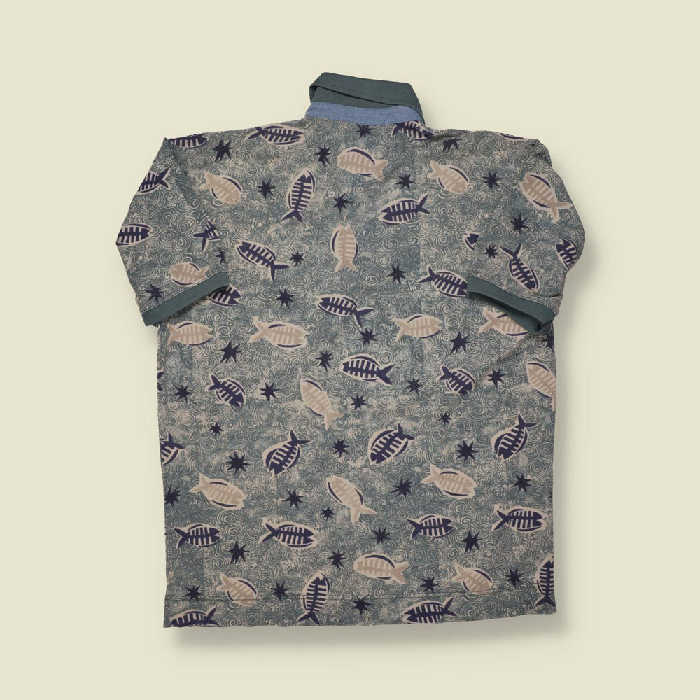 Early 1990s Image Boy Fish Print Polo Shirt - M
