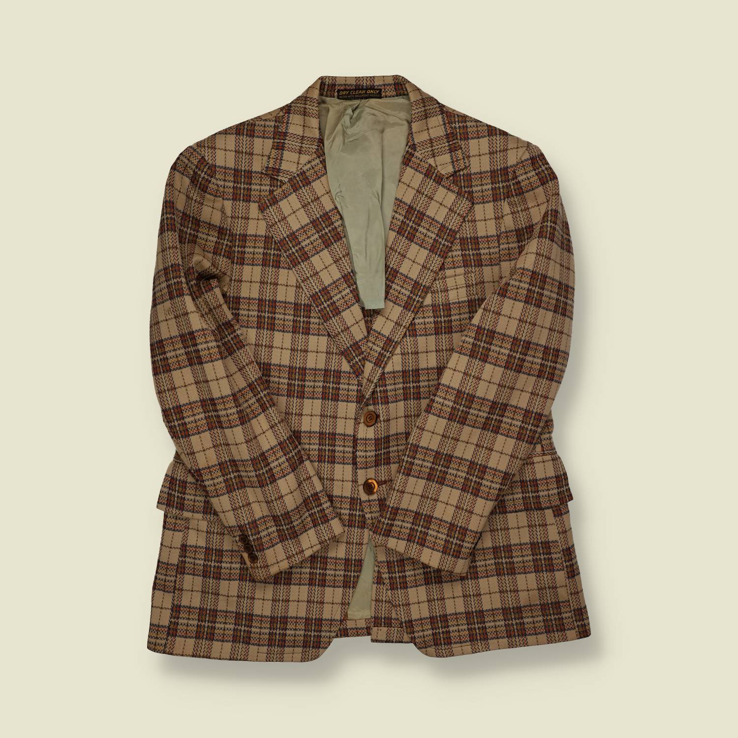 1970s Man Style Beige Plaid Blazer - M