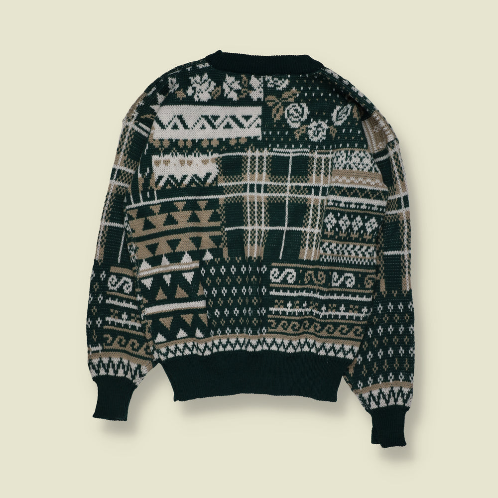 1980s | Rock Canyon | Abstract Geometric Pattern Crew Neck Jumper | Dark Green, Cream & Beige - L