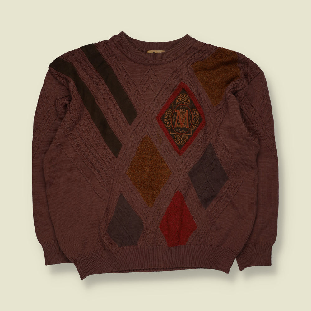 1980s | Argyle Diamond Pattern Cable Knit Crew Neck Jumper with Embroidered Crest | Burgundy & Brown - XL