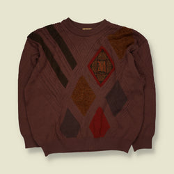 1980s | Argyle Diamond Pattern Cable Knit Crew Neck Jumper with Embroidered Crest | Burgundy & Brown - XL