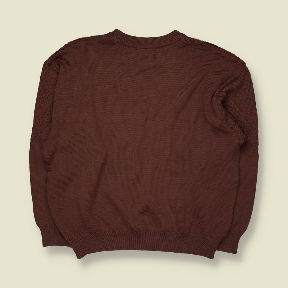 1980s | Argyle Diamond Pattern Cable Knit Crew Neck Jumper with Embroidered Crest | Burgundy & Brown - XL