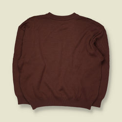 1980s | Argyle Diamond Pattern Cable Knit Crew Neck Jumper with Embroidered Crest | Burgundy & Brown - XL