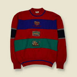 1980s | Pia Sports | Rocky Mt Climbing Concert Embroidered Cable Knit Jumper | Red, Blue & Green - M