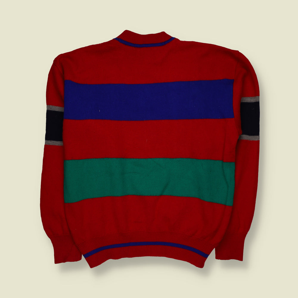 1980s | Pia Sports | Rocky Mt Climbing Concert Embroidered Cable Knit Jumper | Red, Blue & Green - M