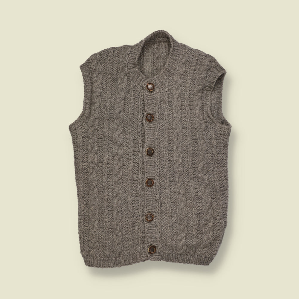 1970s | Wool Cable Knit Button-Up Sleeveless Cardigan | Grey - XS