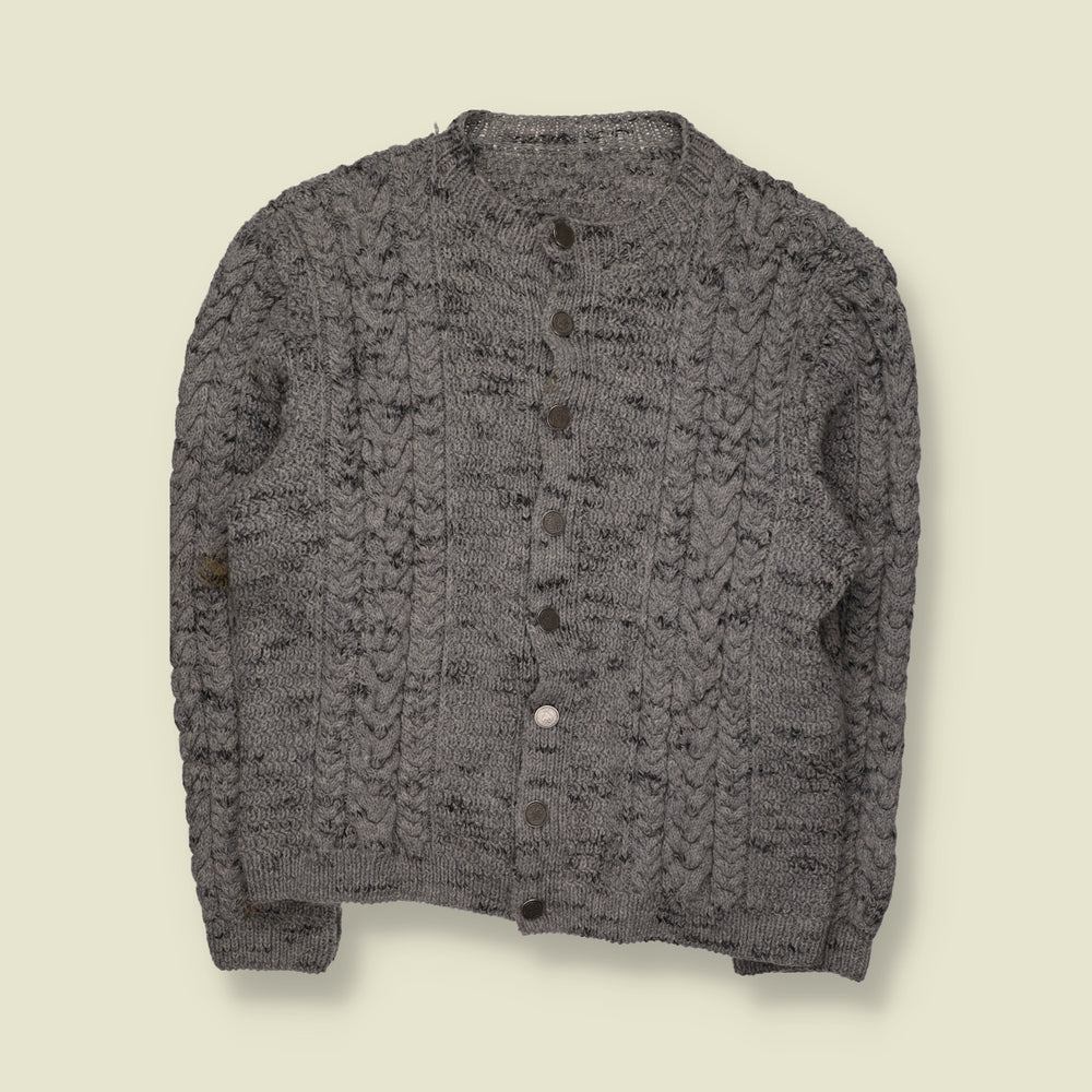 1980s | Wool Cable Knit Button-Up Cardigan | Grey - XL