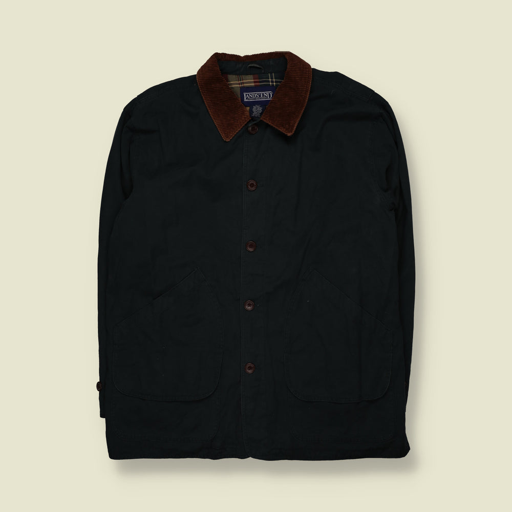 1990s | Lands' End | Plaid Lined Barn Coat with Corduroy Collar | Black - XXL