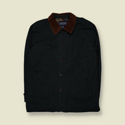 1990s | Lands' End | Plaid Lined Barn Coat with Corduroy Collar | Black - XXL