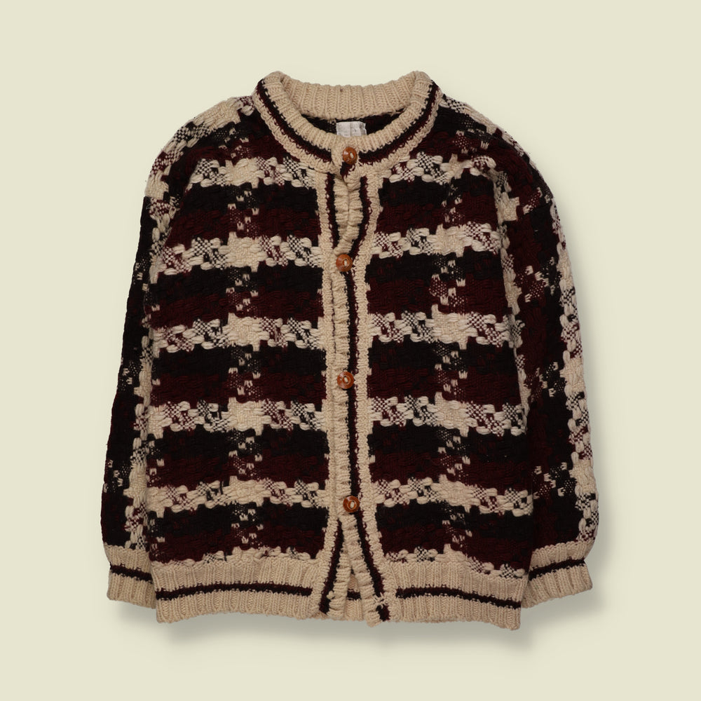 1970s | Ecuadorian Wool Textured Pattern Button-Up Cardigan | Cream, Burgundy & Black | Made in Ecuador - S