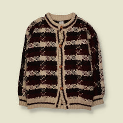 1970s | Ecuadorian Wool Textured Pattern Button-Up Cardigan | Cream, Burgundy & Black | Made in Ecuador - S