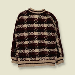 1970s | Ecuadorian Wool Textured Pattern Button-Up Cardigan | Cream, Burgundy & Black | Made in Ecuador - S