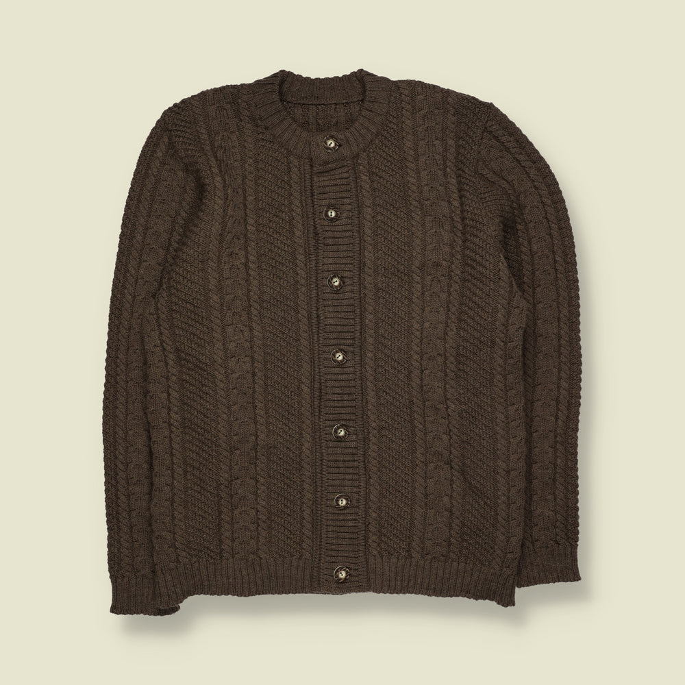 1970s | Wool Cable Knit Button-Up Cardigan | Brown - XS