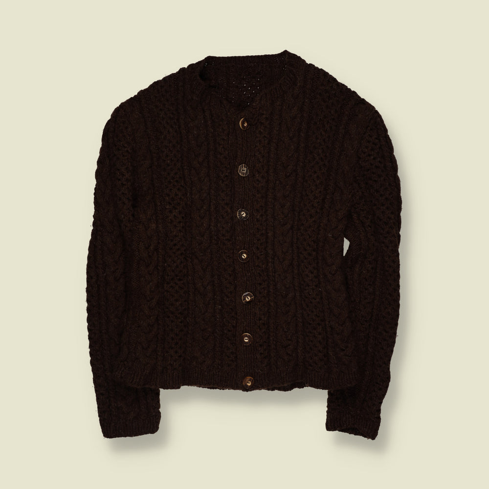 1970s | Wool Cable Knit Button-Up Cardigan | Dark Brown - XXS
