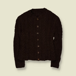 1970s | Wool Cable Knit Button-Up Cardigan | Dark Brown - XXS
