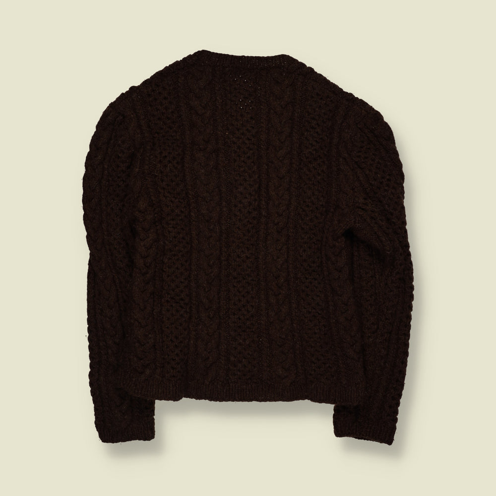 1970s | Wool Cable Knit Button-Up Cardigan | Dark Brown - XXS