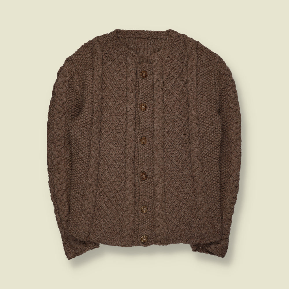 1970s | Wool Chunky Cable Knit Button-Up Cardigan | Brown - M