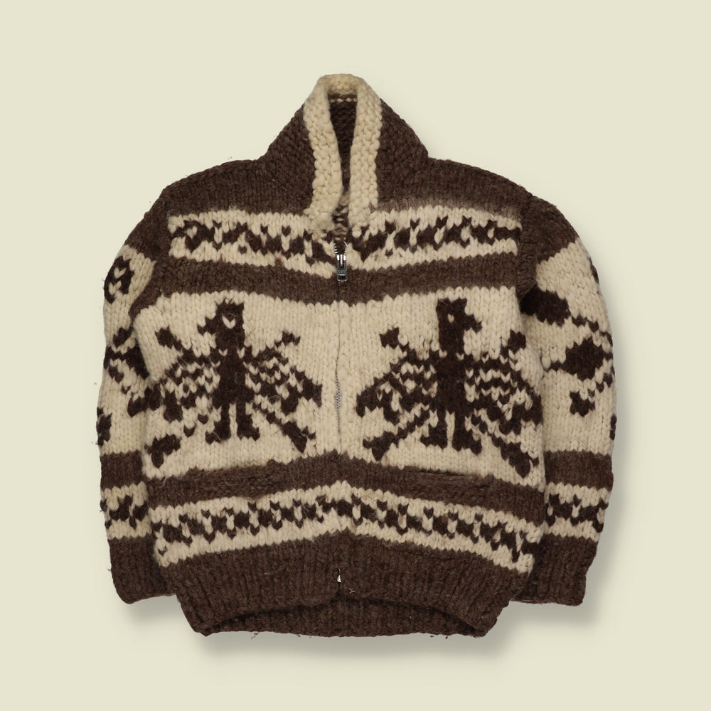 1970s | Wool Cowichan Eagle Pattern Chunky Zip-Up Cardigan | Brown & Cream - S