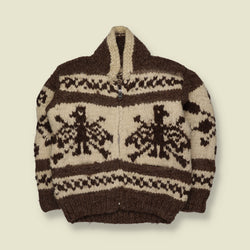 1970s | Wool Cowichan Eagle Pattern Chunky Zip-Up Cardigan | Brown & Cream - S