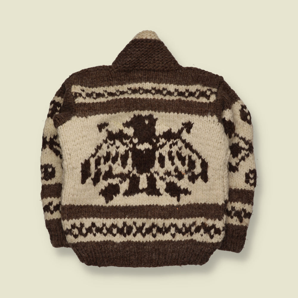 1970s | Wool Cowichan Eagle Pattern Chunky Zip-Up Cardigan | Brown & Cream - S