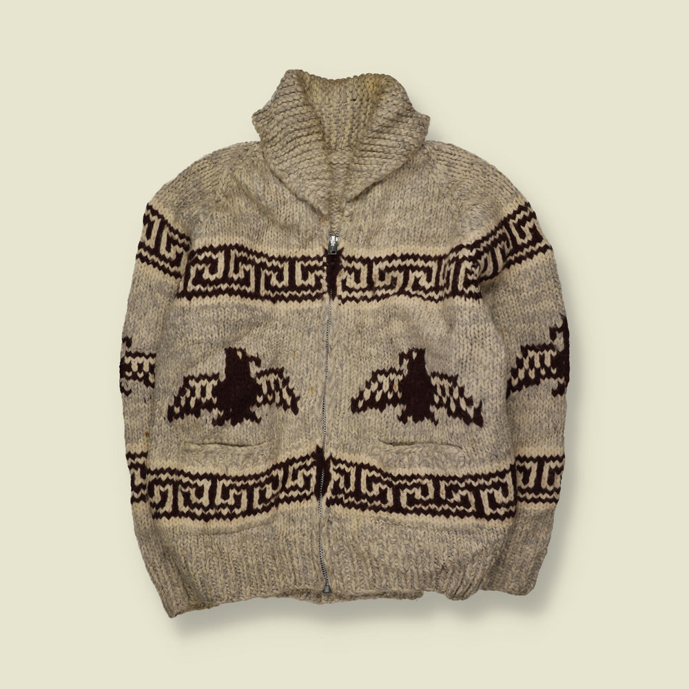 1970s | Cowichan Eagle Pattern Chunky Zip-Up Cardigan | Brown & Cream - L