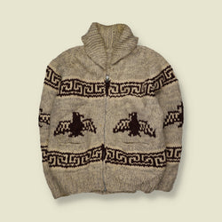 1970s | Cowichan Eagle Pattern Chunky Zip-Up Cardigan | Brown & Cream - L