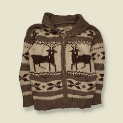 1970s | Cowichan Deer Pattern Chunky Zip-Up Cardigan | Brown & Cream - S