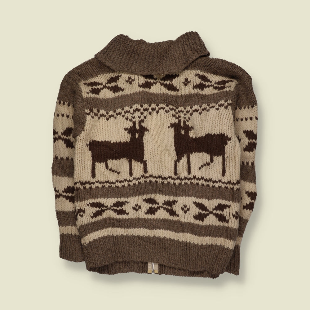 1970s | Cowichan Deer Pattern Chunky Zip-Up Cardigan | Brown & Cream - S