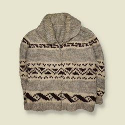 1970s | Wool Cowichan Geometric Pattern Chunky Zip-Up Cardigan with Shawl Collar | Grey, Cream & Brown - XL