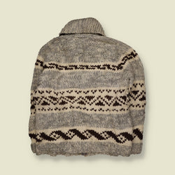 1970s | Wool Cowichan Geometric Pattern Chunky Zip-Up Cardigan with Shawl Collar | Grey, Cream & Brown - XL
