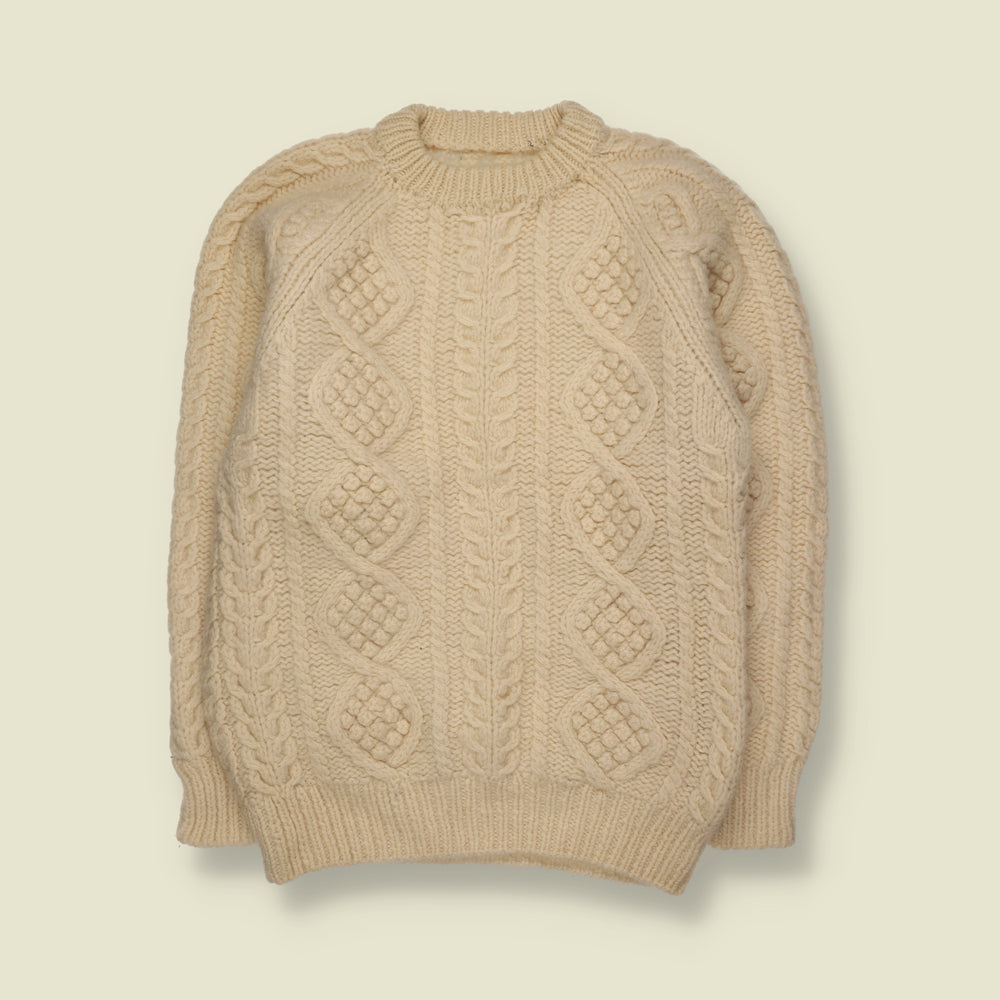 1980s | Wool Chunky Aran Cable Knit Crew Neck Jumper | Cream - XS