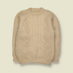 1980s | Wool Chunky Aran Cable Knit Crew Neck Jumper | Cream - XS