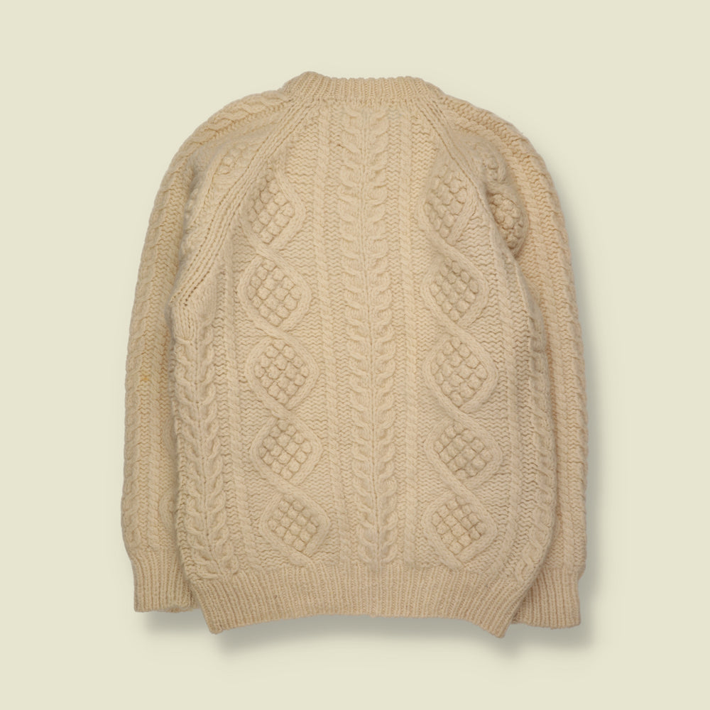 1980s | Wool Chunky Aran Cable Knit Crew Neck Jumper | Cream - XS