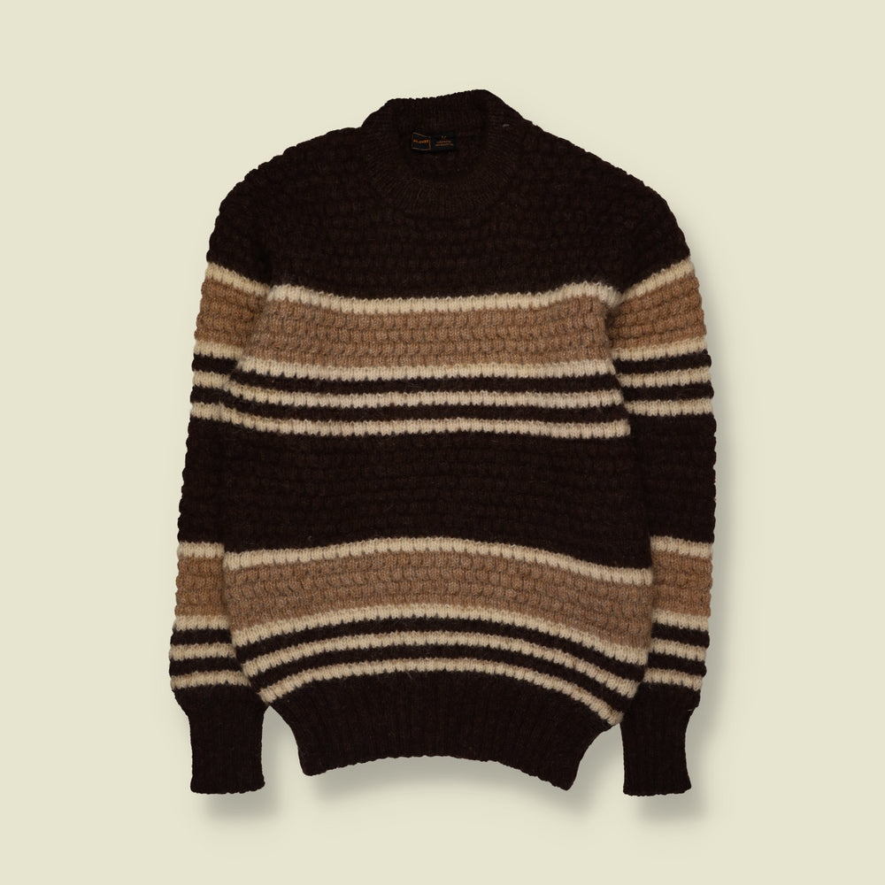 1970s | Kent | Wool Striped Textured Knit Crew Neck Jumper | Brown, Tan & Cream - S