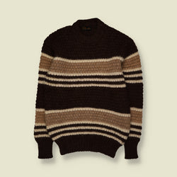 1970s | Kent | Wool Striped Textured Knit Crew Neck Jumper | Brown, Tan & Cream - S