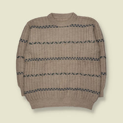 1970s | Wool Ribbed Knit Striped Crew Neck Jumper | Beige, Blue & Green - XL