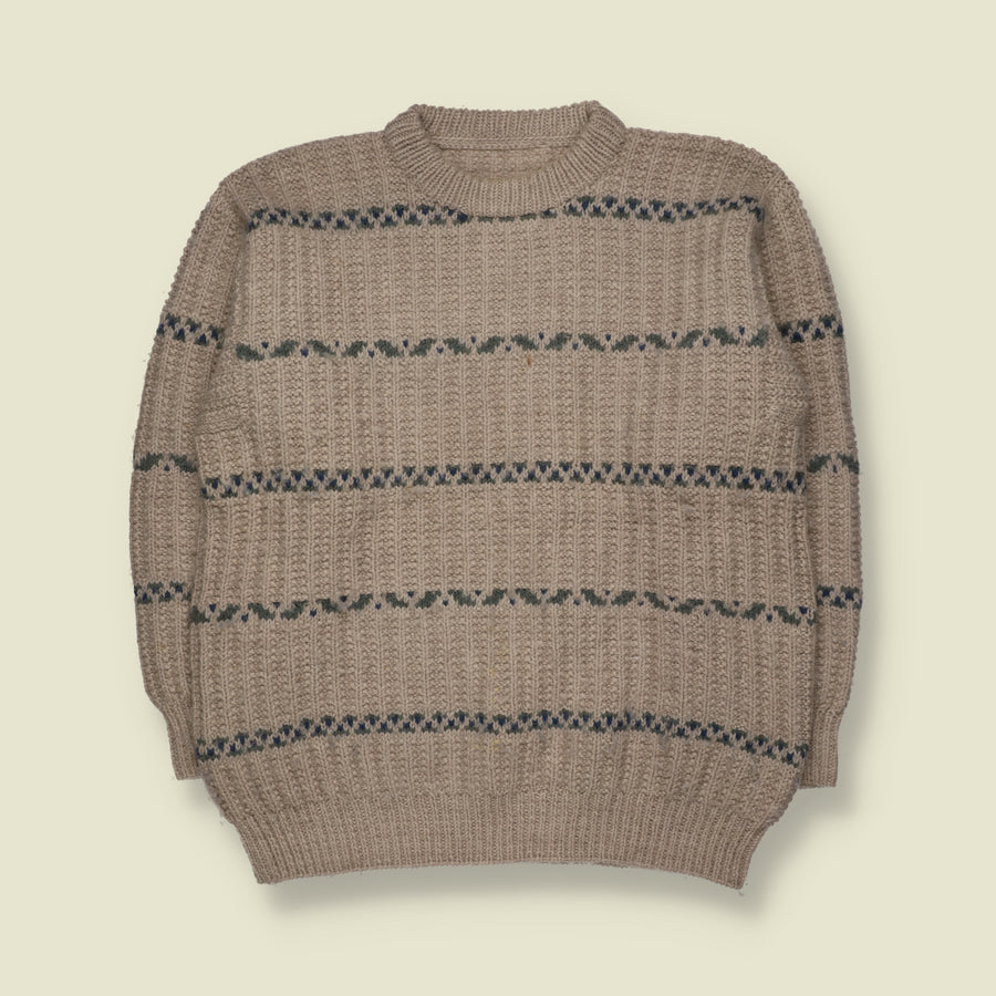 1970s | Wool Ribbed Knit Striped Crew Neck Jumper | Beige, Blue & Green - XL