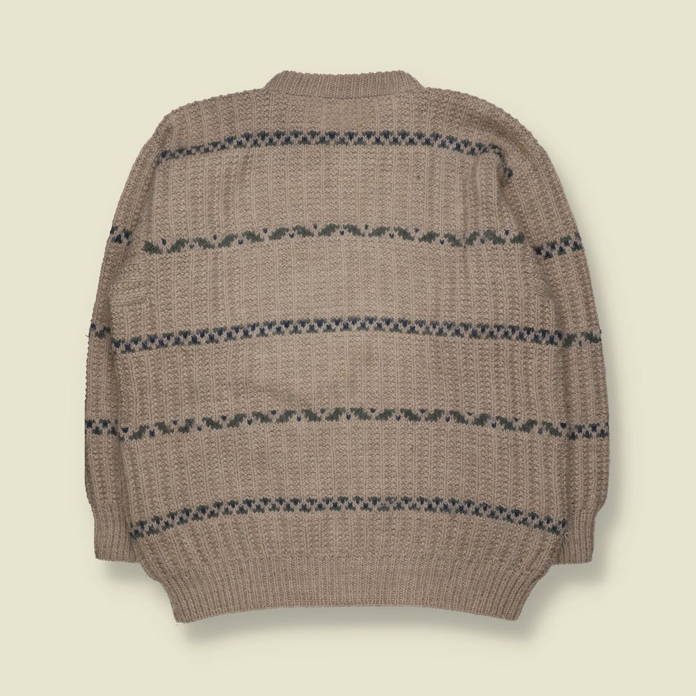 1970s | Wool Ribbed Knit Striped Crew Neck Jumper | Beige, Blue & Green - XL