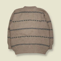 1970s | Wool Ribbed Knit Striped Crew Neck Jumper | Beige, Blue & Green - XL