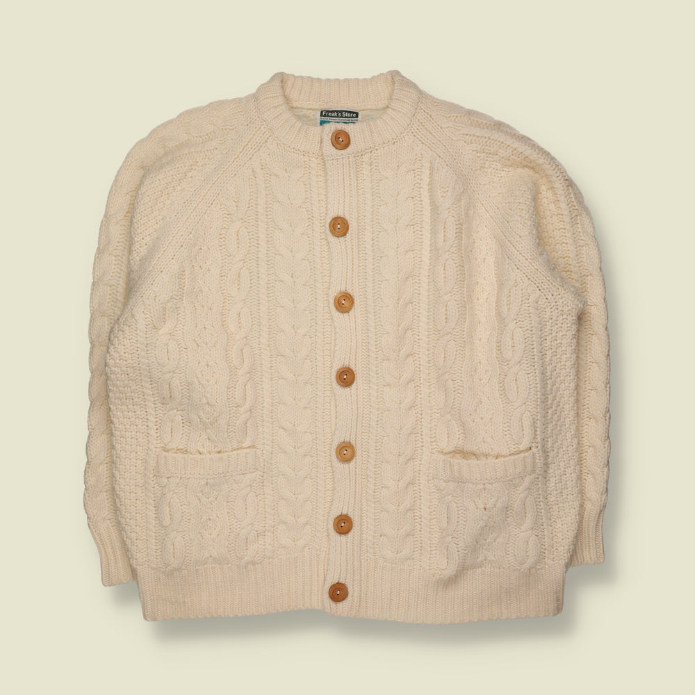 2000s | Freak's Store | Wool Chunky Aran Cable Knit Button-Up Cardigan with Pockets | Cream - 3XL