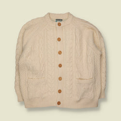 2000s | Freak's Store | Wool Chunky Aran Cable Knit Button-Up Cardigan with Pockets | Cream - 3XL