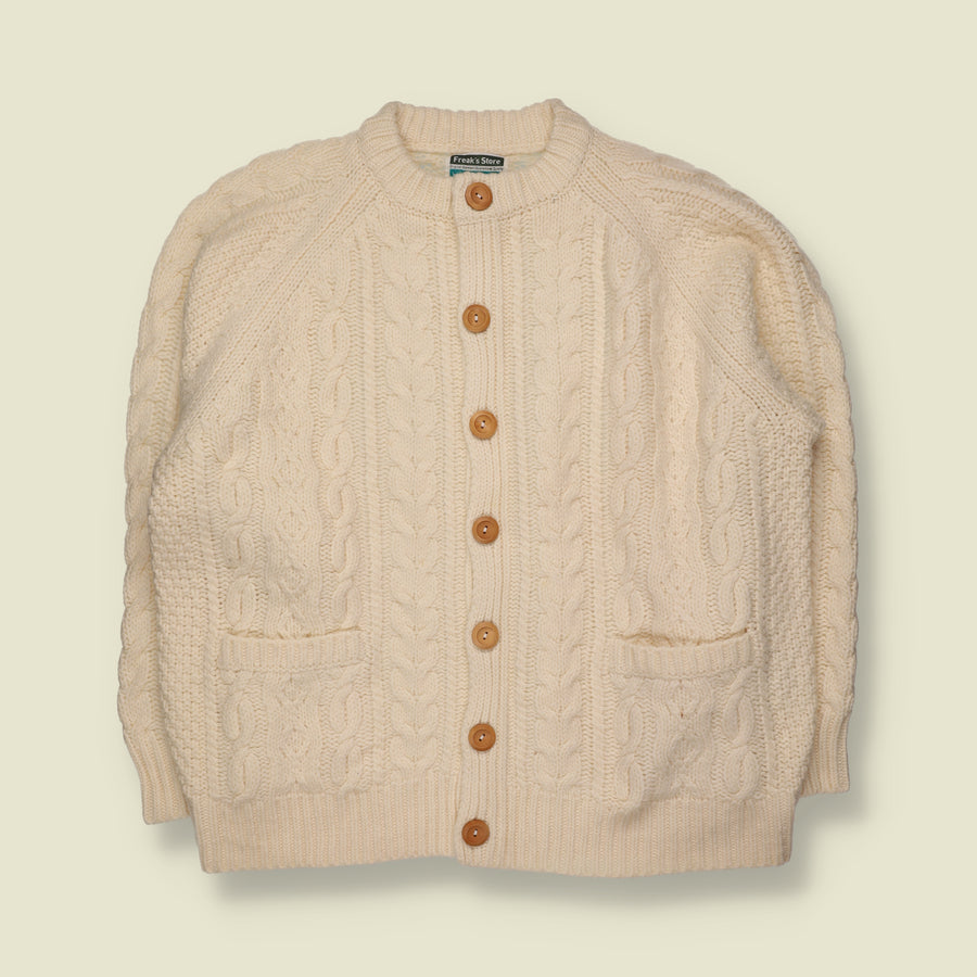 2000s | Freak's Store | Wool Chunky Aran Cable Knit Button-Up Cardigan with Pockets | Cream - 3XL