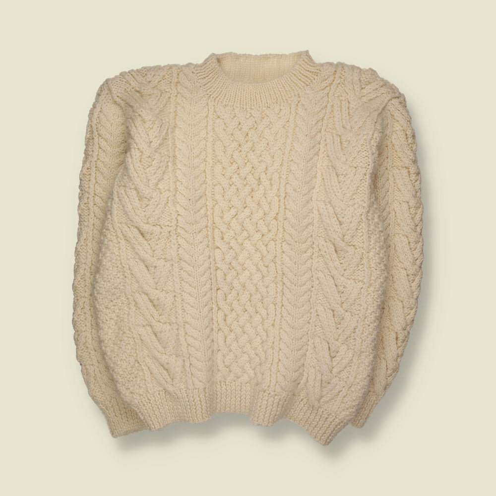 1970s | Wool Chunky Aran Cable Knit Crew Neck Jumper | Cream - 4XL
