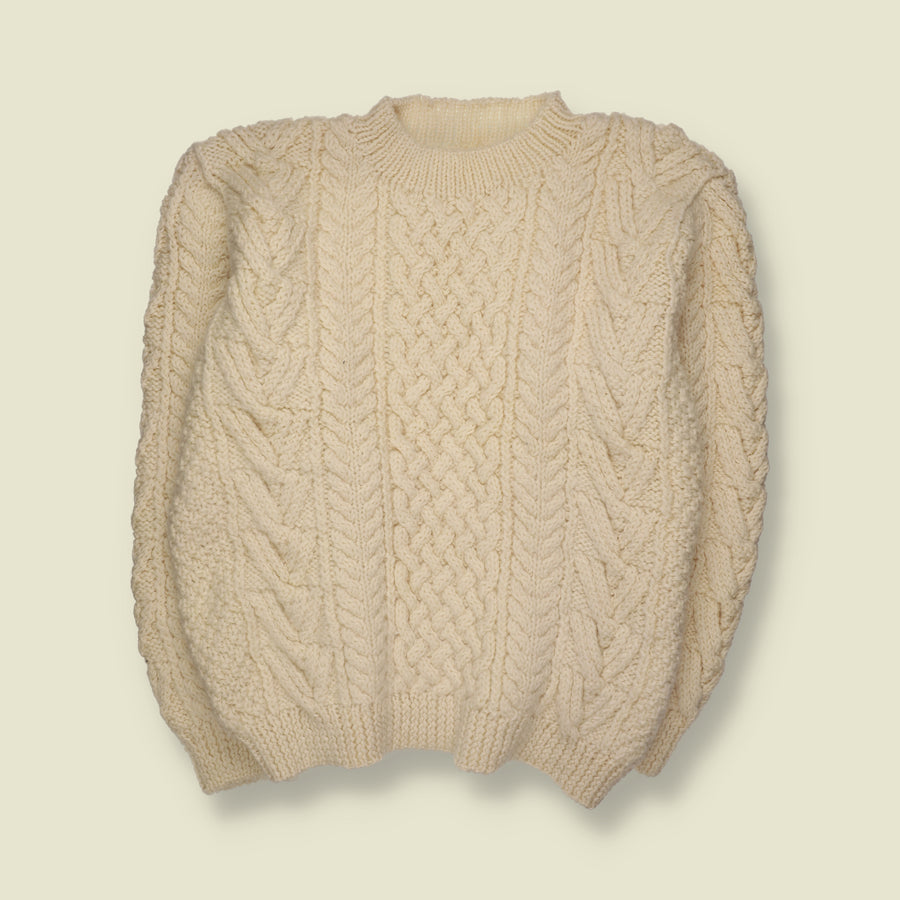 1970s | Wool Chunky Aran Cable Knit Crew Neck Jumper | Cream - 4XL